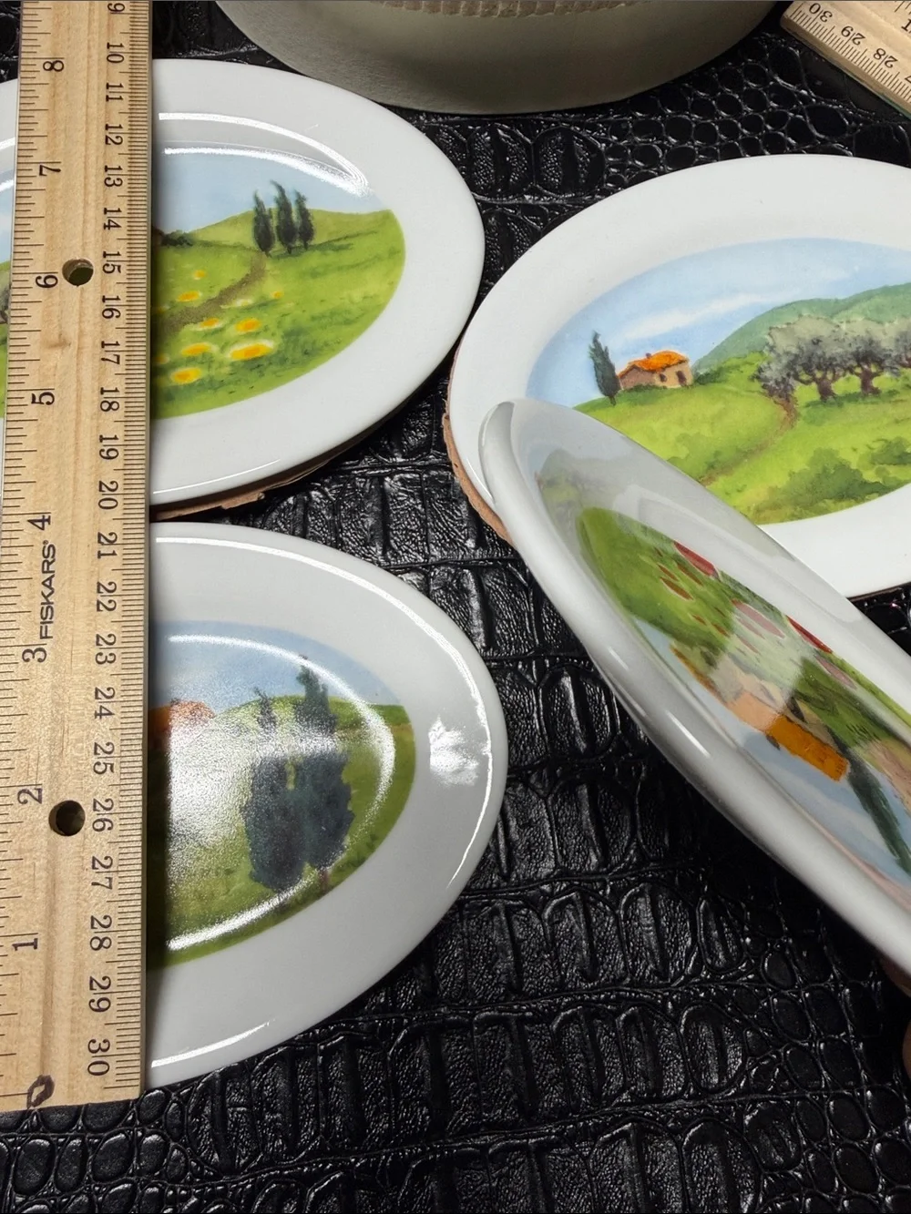 Boston Warehouse White Porcelain Tidbit Plates with Green & Orange Scenic Motif